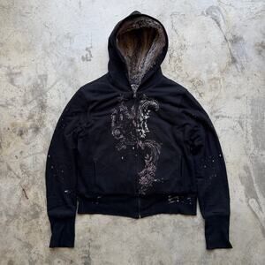 Vintage Y2K Faux Fur Lined Paint Splatter Zip Hoodie Medium